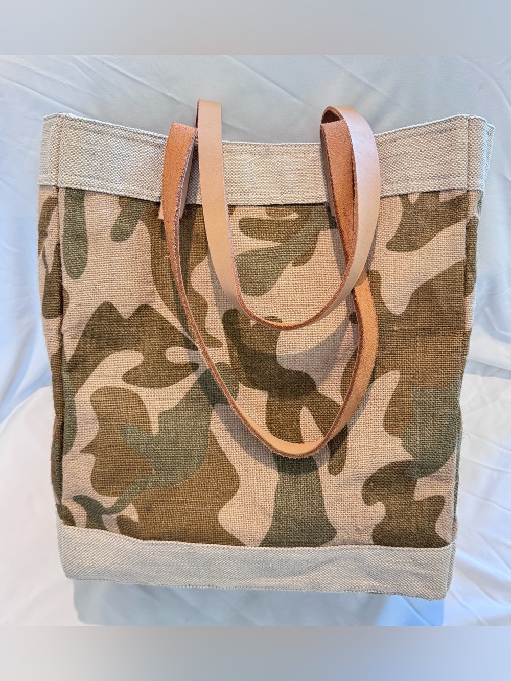 Apolis Global Citizen Safari Collection Market Tote Jute Bag with Leather & Camo
